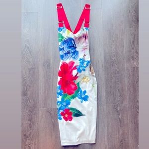 TED BAKER: Midi, White Flora,  Wide Strap, BodyCon Dress. USA Size6/8 TED Size 3